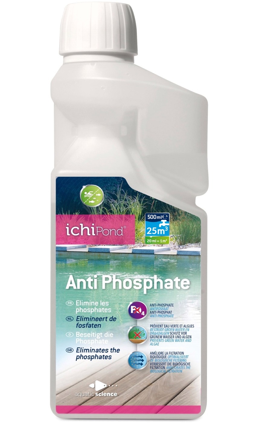 ICHIPOND Anti-Phosphate 500 ml élimine les phosphates et prévient les algues et l\'eau verte pour bassin jusqu\'à 25 m3