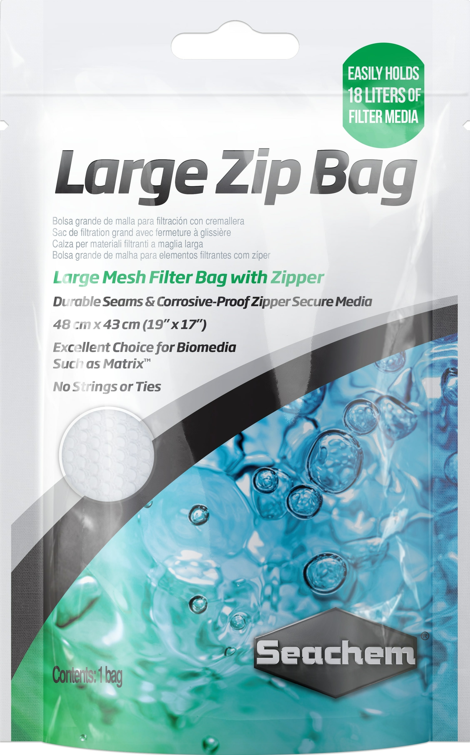 SEACHEM Zip Bag Large sac refermable 48 x 43 cm pour masses filtrantes