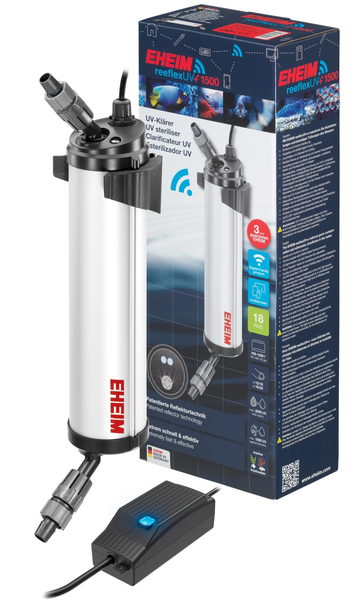 EHEIM Reeflex UV+e 1500 stérilisateur UV-C 18W WiFi pour aquarium de 700 à 1500 L