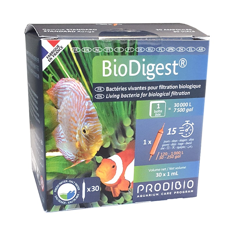 PRODIBIO BioDigest 30 ampoules bactéries dénitrifiantes pour eau douce et eau de mer. Traite jusqu\'à 30000 litres