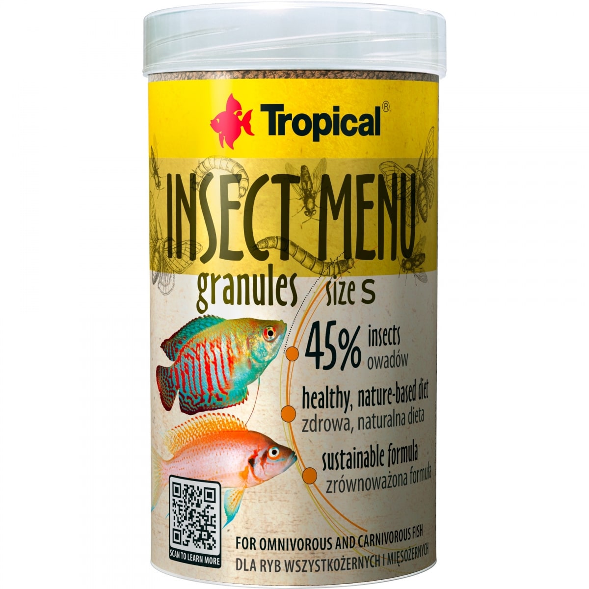 TROPICAL Insect Menu Granulés S 250 ml nourriture en granulés d\'1,2 mm avec 45% d\'insectes pour poissons omnivores et carnivores