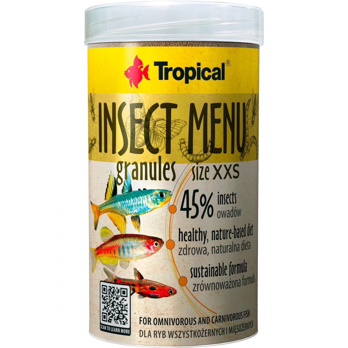 TROPICAL Insect Menu Granulés XXS 250 ml nourriture en granulés d\'0,5 mm avec 45% d\'insectes pour poissons omnivores et carnivores