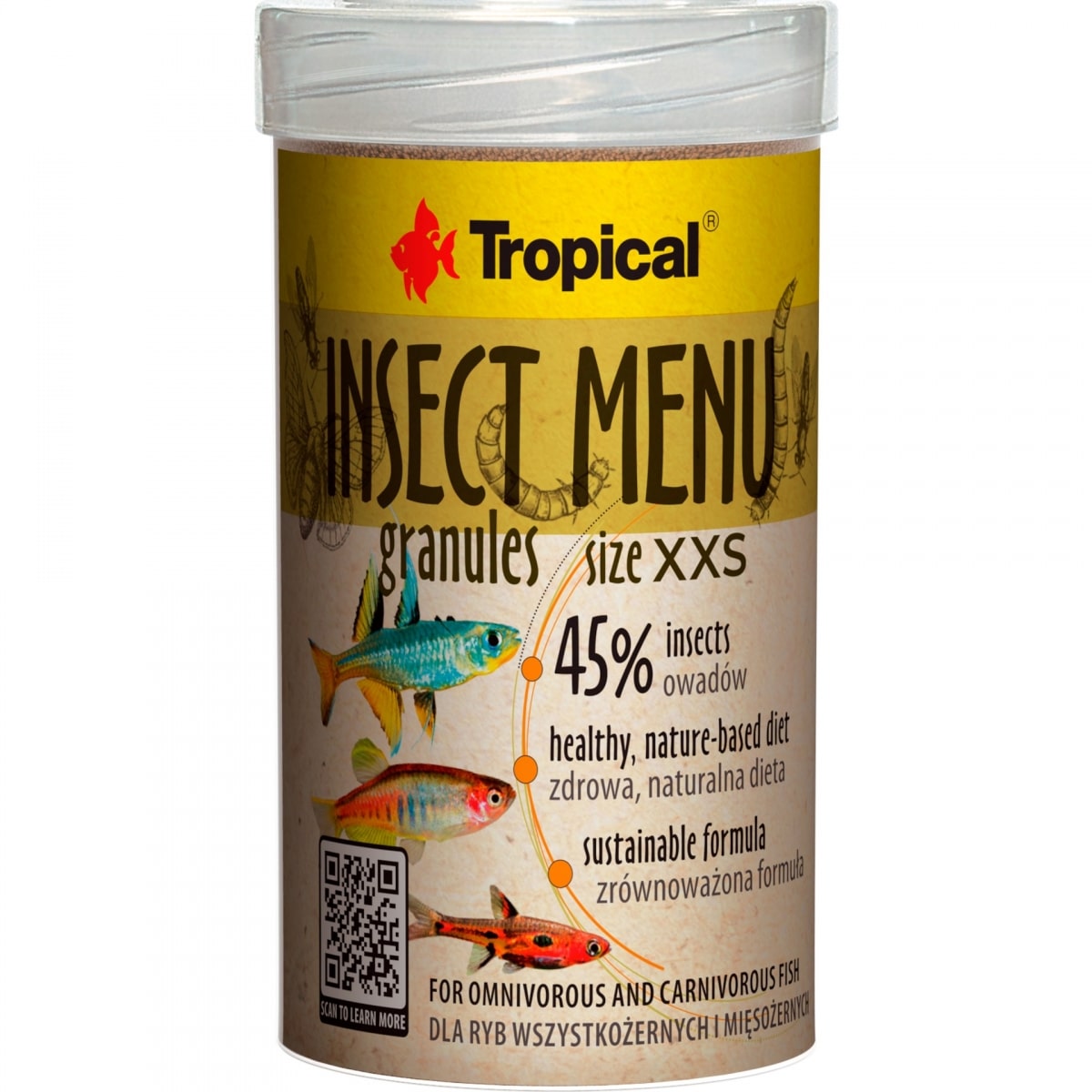 TROPICAL Insect Menu Granulés XXS 100 ml nourriture en granulés d\'0,5 mm avec 45% d\'insectes pour poissons omnivores et carnivores