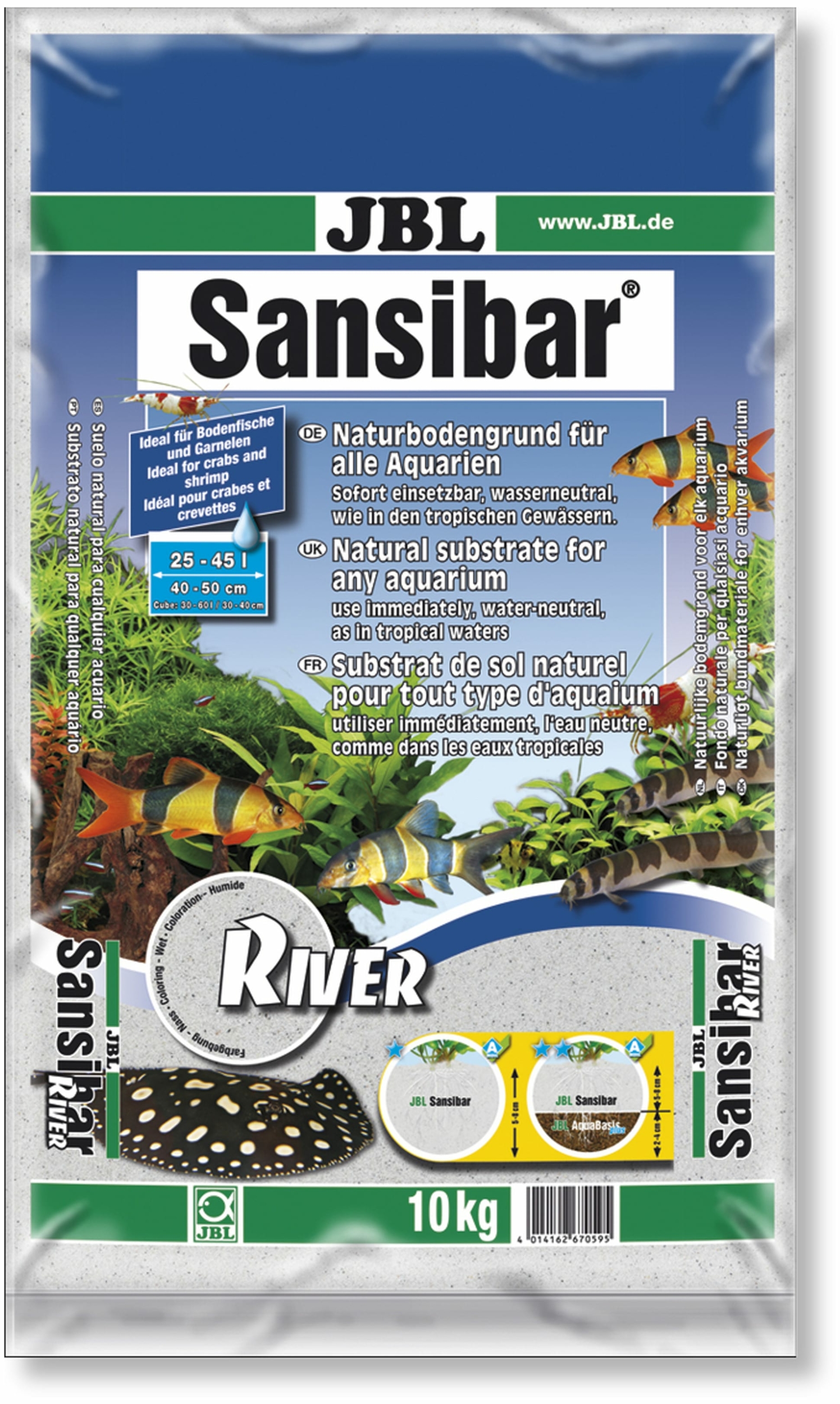JBL Sansibar River 10 Kg substrat de sol naturel fin Clair pigmenté de Noir 0,8 mm pour aquarium d\'eau douce