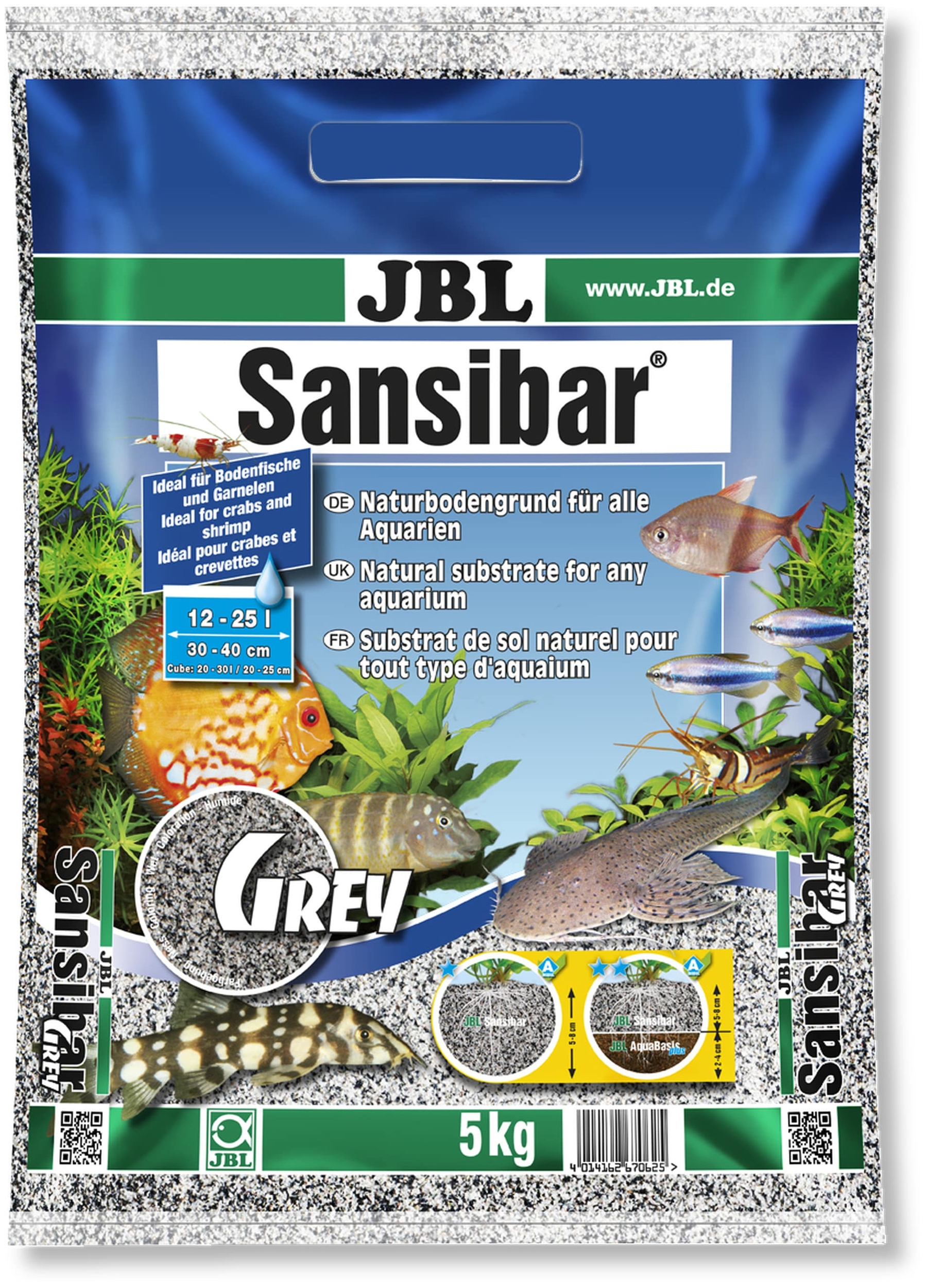 JBL Sansibar Grey 5 Kg substrat de sol naturel fin couleur Gris 0,2 à 0,6 mm pour aquarium d\'eau douce