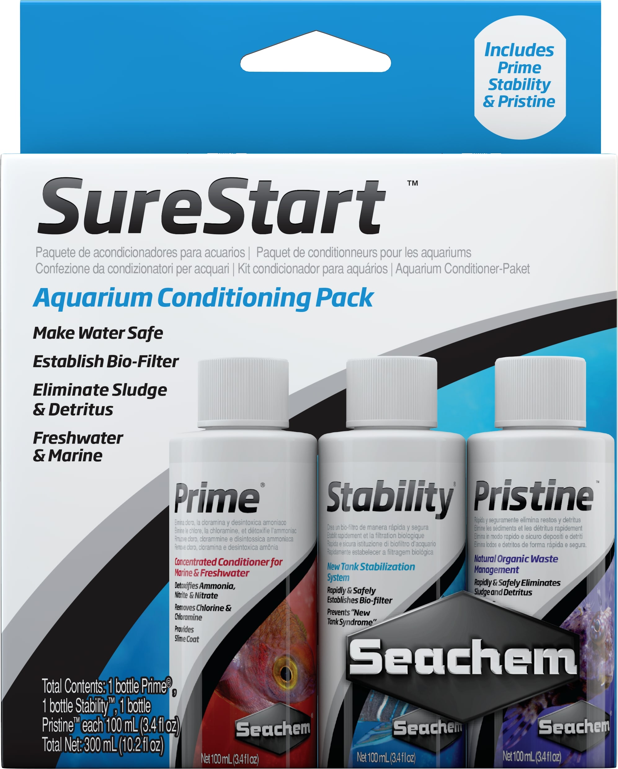SEACHEM SureStart Pack conditionneurs d\'eau 3 x 100 ml avec Prime, Stability et Pristine
