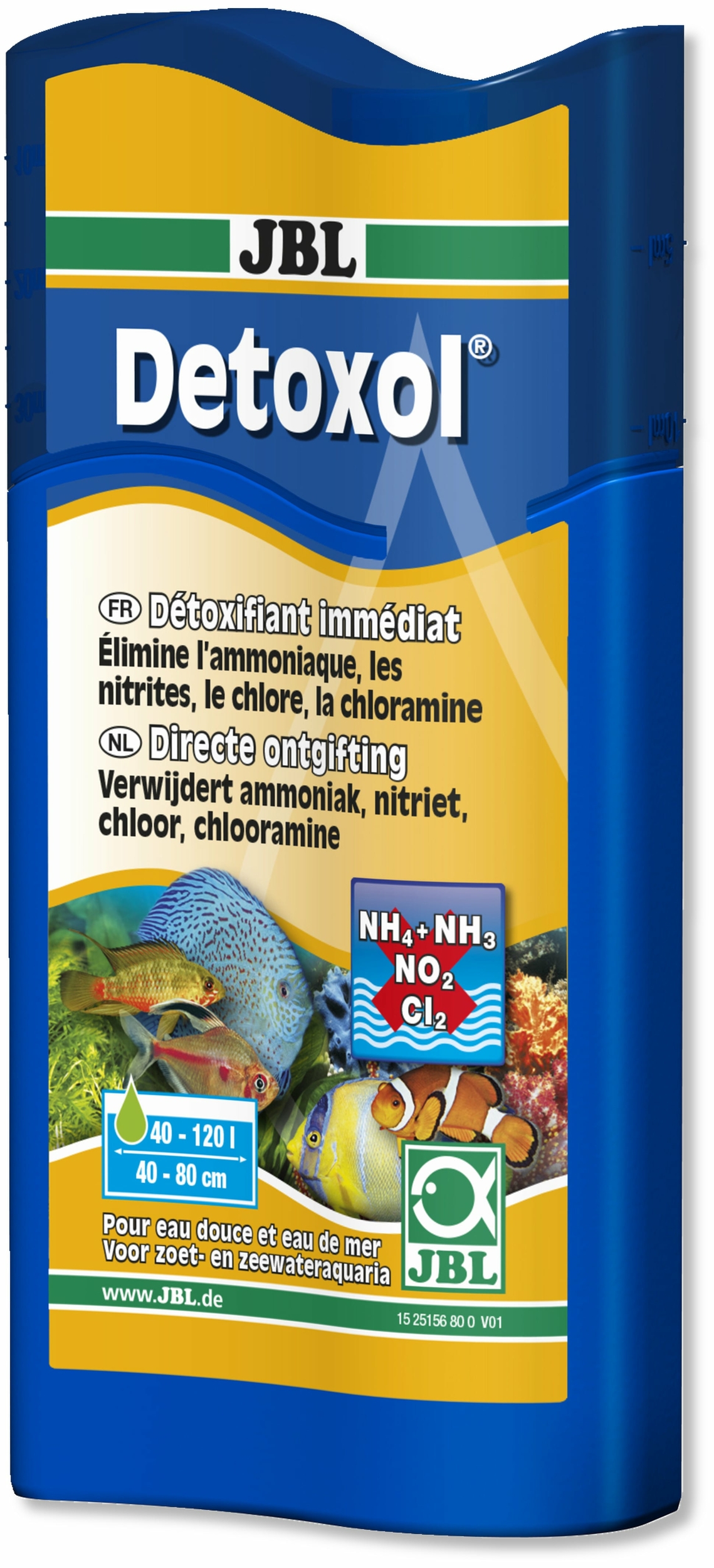 JBL Detoxol 100 ml élimine l\'Ammoniaque, les Nitrites, le Chlore, la Chloramine en aquarium d\'eau douce et d\'eau de mer