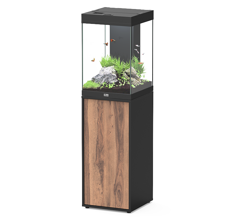 AQUATLANTIS Aqua Tower 96 LED Noir / Nogal Bali aquarium équipé 97 L avec meuble une porte - Dimension : 39,9 x 40,1 x 60,7 cm