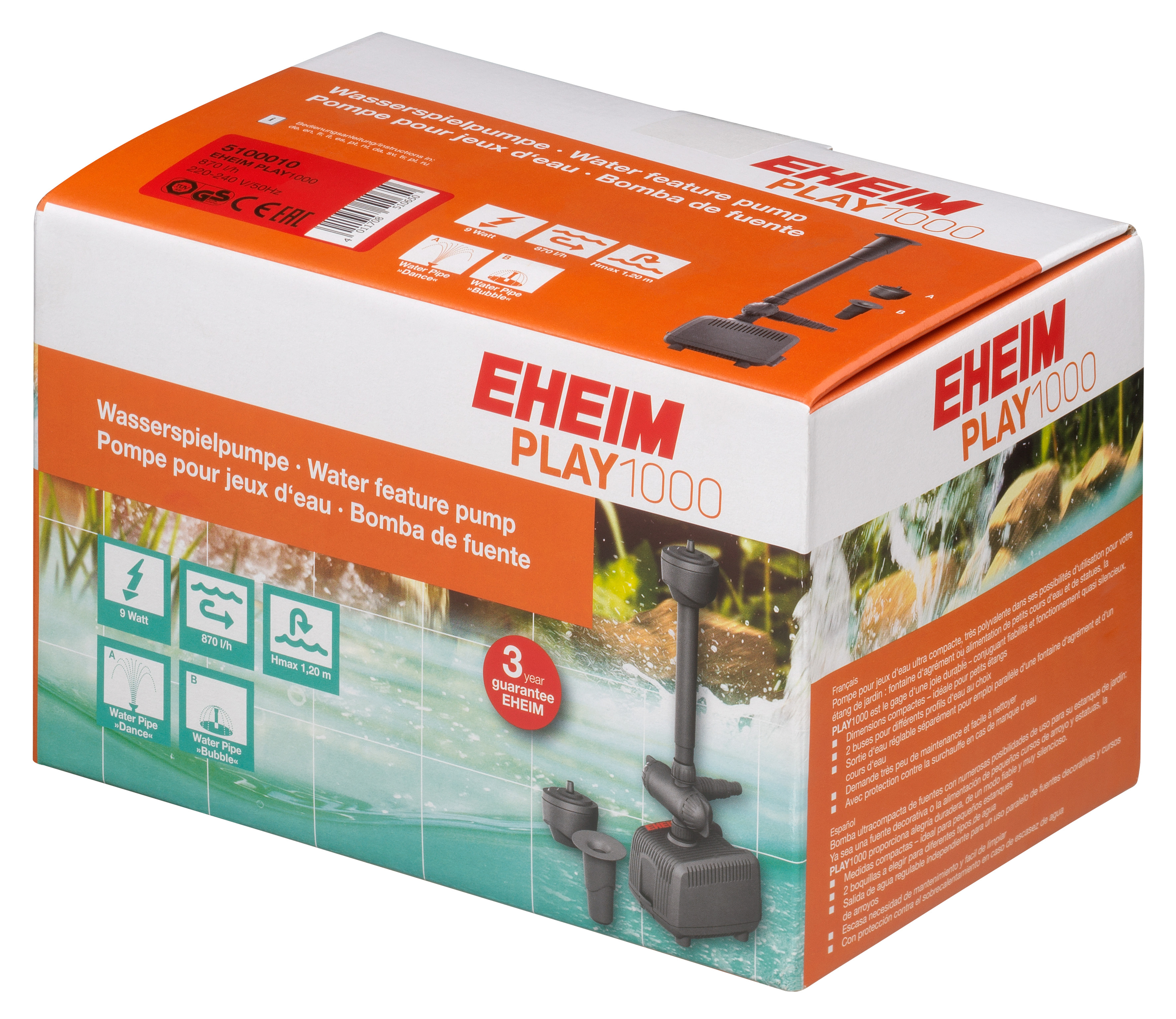 EHEIM Play 1000 pompe de bassin 870 L/h pour jeux d\'eau et alimentation de fontaine et cascade