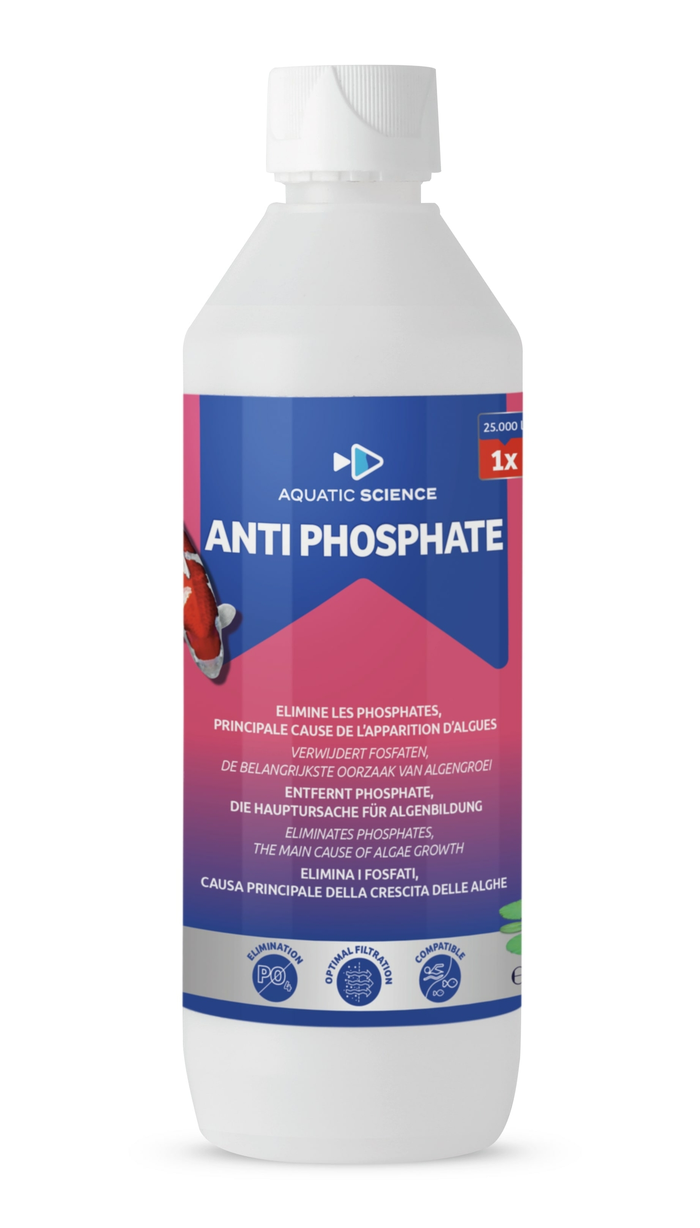 AQUATIC SCIENCE Anti-Phosphate 500 ml élimine les phosphates pour stopper l\'eau verte et les algues filamenteuses en bassin