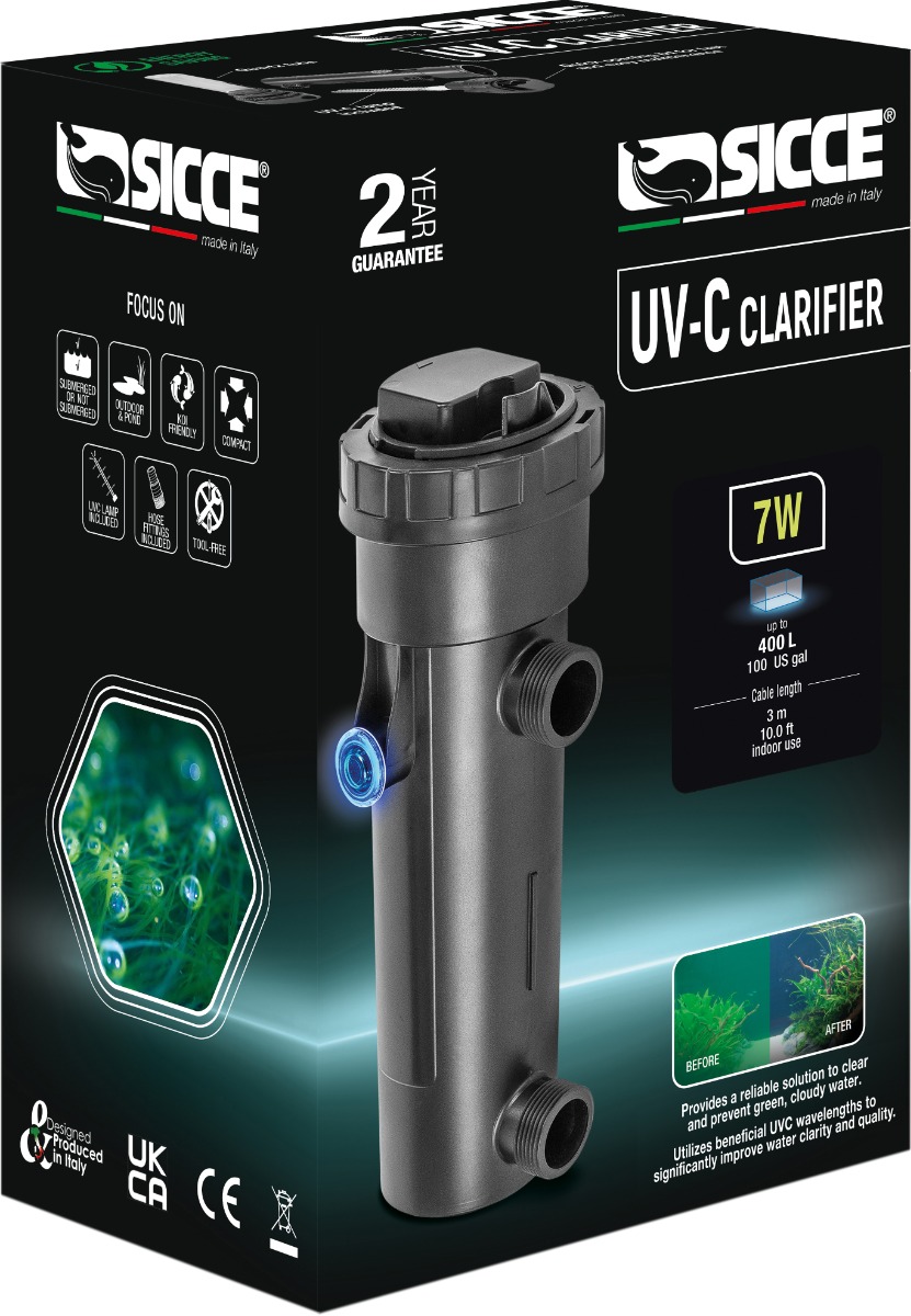 SICCE UV-C Clarifier 7W stérilisateur UVC pour aquarium ou bassin de 100 à 400 L