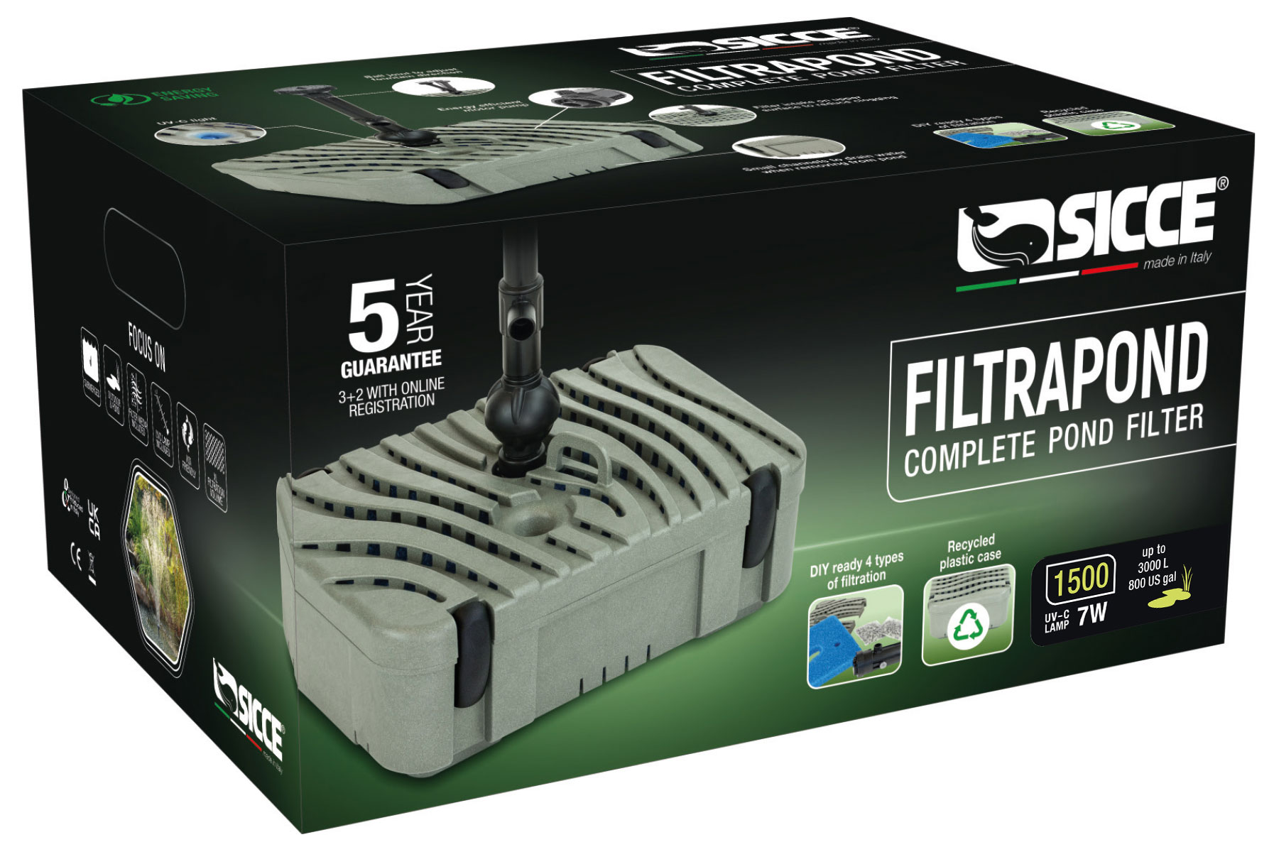 SICCE FiltraPond 1500 filtre intérieur avec stérilisateur UV-C 7W pour bassin jusqu\'à 3000 L