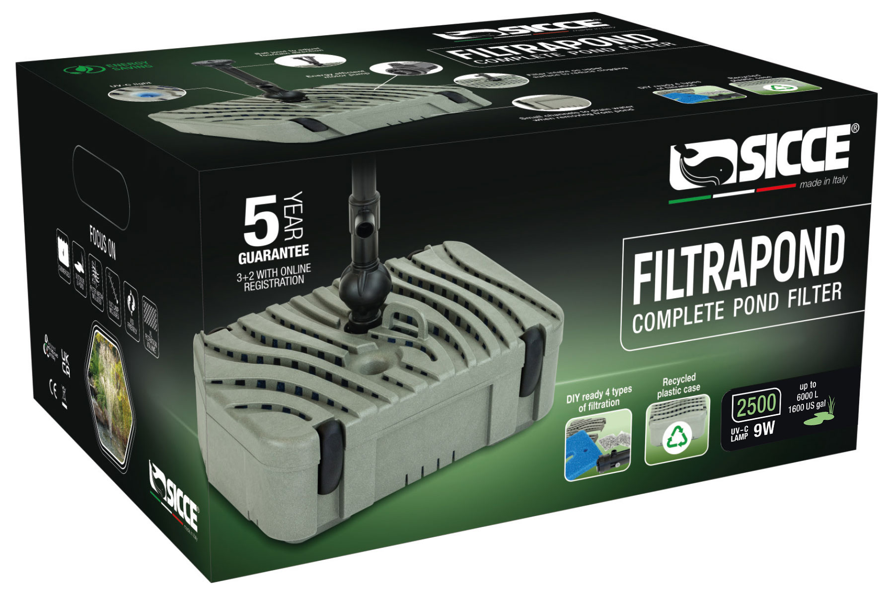 SICCE FiltraPond 2500 filtre intérieur avec stérilisateur UV-C 9W pour bassin jusqu\'à 6000 L
