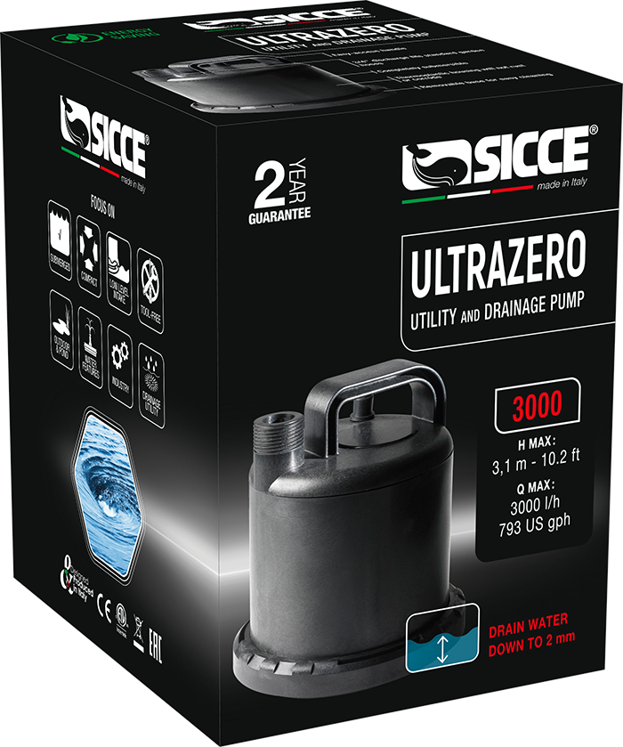 SICCE UltraZero 3000 pompe vide-cave et vidange 3000 L/h pouvant aspirer jusqu\'à 2 mm d\'eau au sol