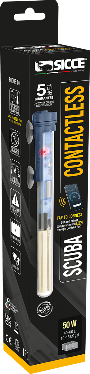 SICCE Scuba ContactLess 50W chauffage électronique réglable par Smartphone pour aquarium entre 40 à 60 L