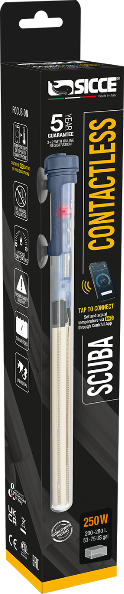 SICCE Scuba ContactLess 250W chauffage électronique réglable par Smartphone pour aquarium entre 200 à 280 L