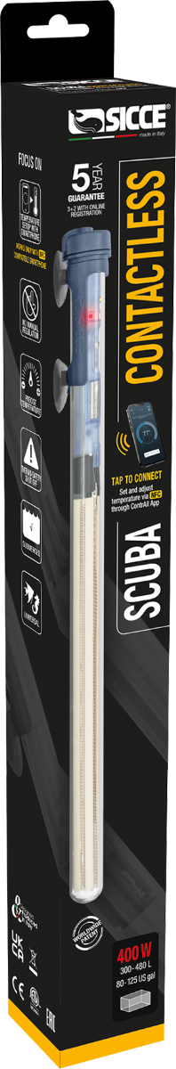 SICCE Scuba ContactLess 400W chauffage électronique réglable par Smartphone pour aquarium entre 300 à 480 L