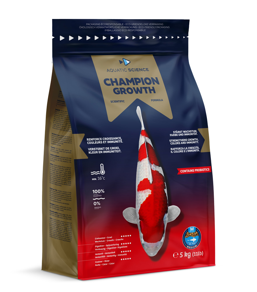 AQUATIC SCIENCE Champion Growth Medium 5 Kg granulés 4 à 5 mm renforçants les couleurs et l\'immunité des carpes Koïs dès 15 cm