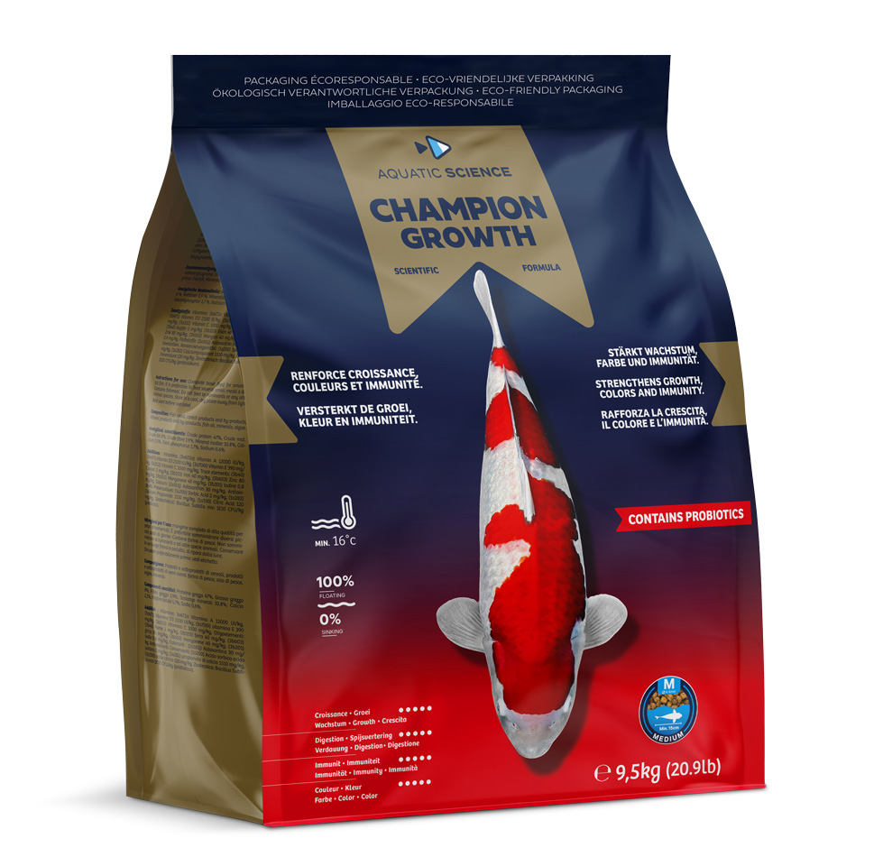 AQUATIC SCIENCE Champion Growth Medium 9,5 Kg granulés 4 à 5 mm renforçants les couleurs et l\'immunité des carpes Koïs dès 15 cm