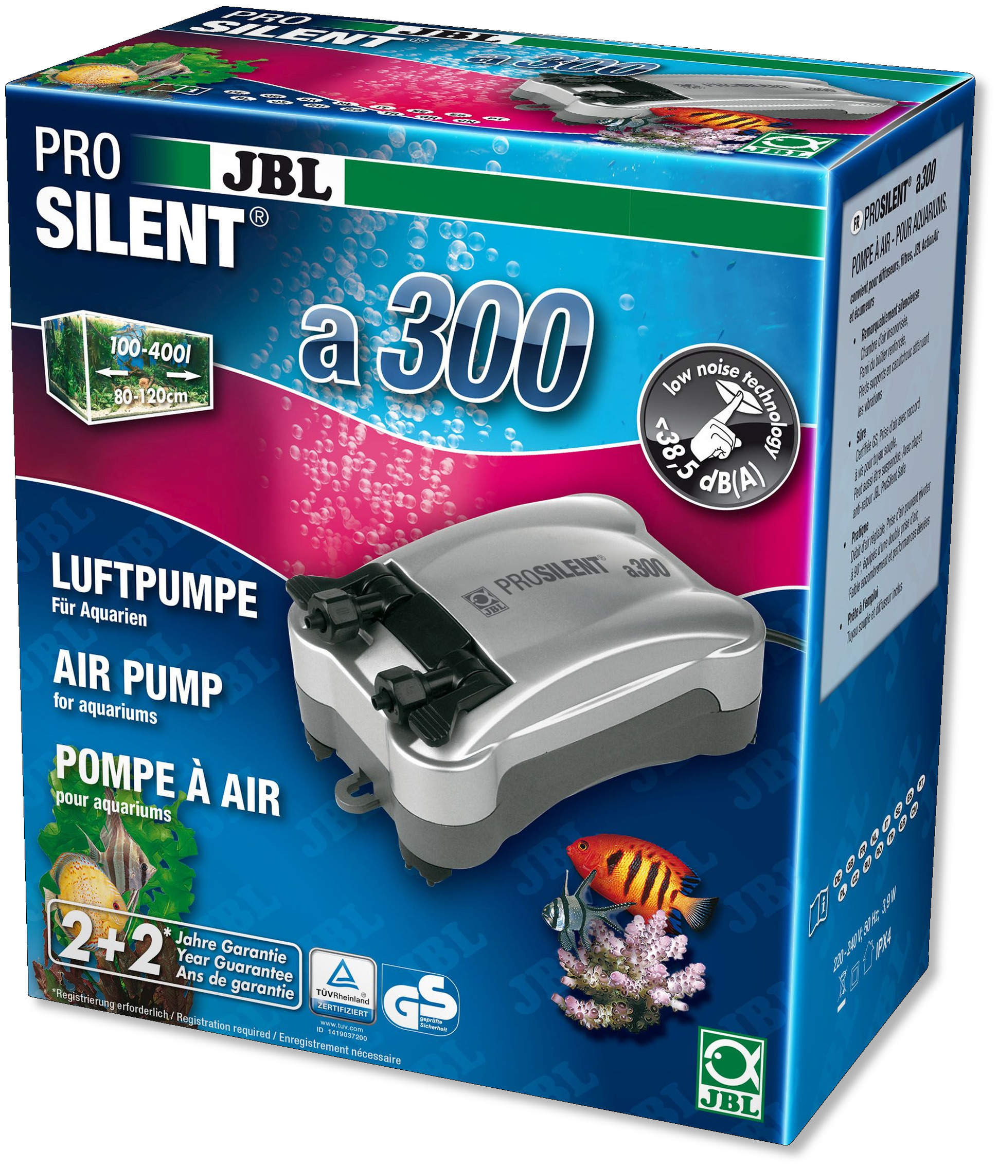 JBL ProSilent a300 pompe à air silencieuse de 300L/h à double sortie, avec accessoires pour aquarium de 100 à 400L