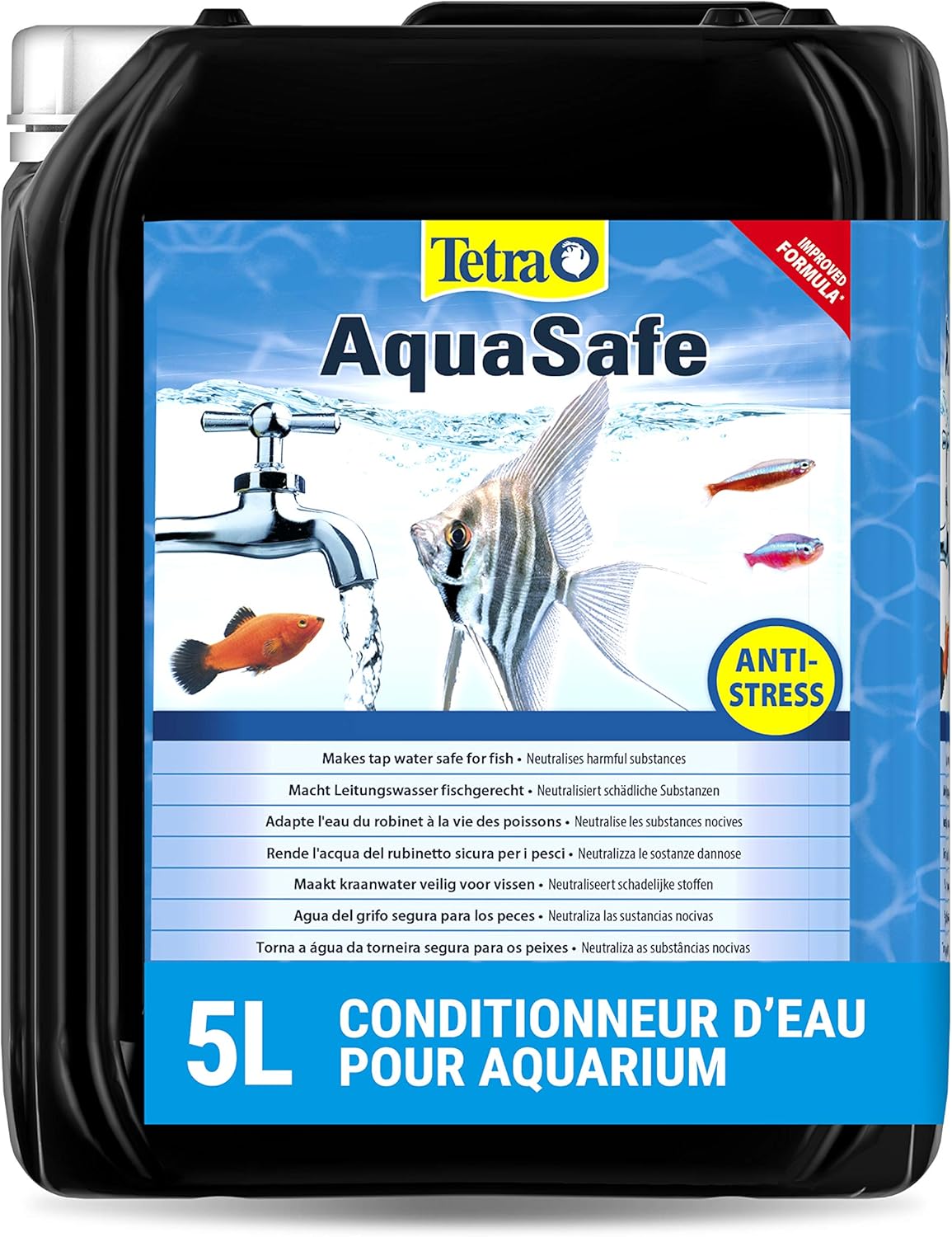 TETRA AquaSafe 5L conditionne l\'eau du robinet en une eau adaptée aux besoins des poissons. Traite jusqu\'à 10000 L