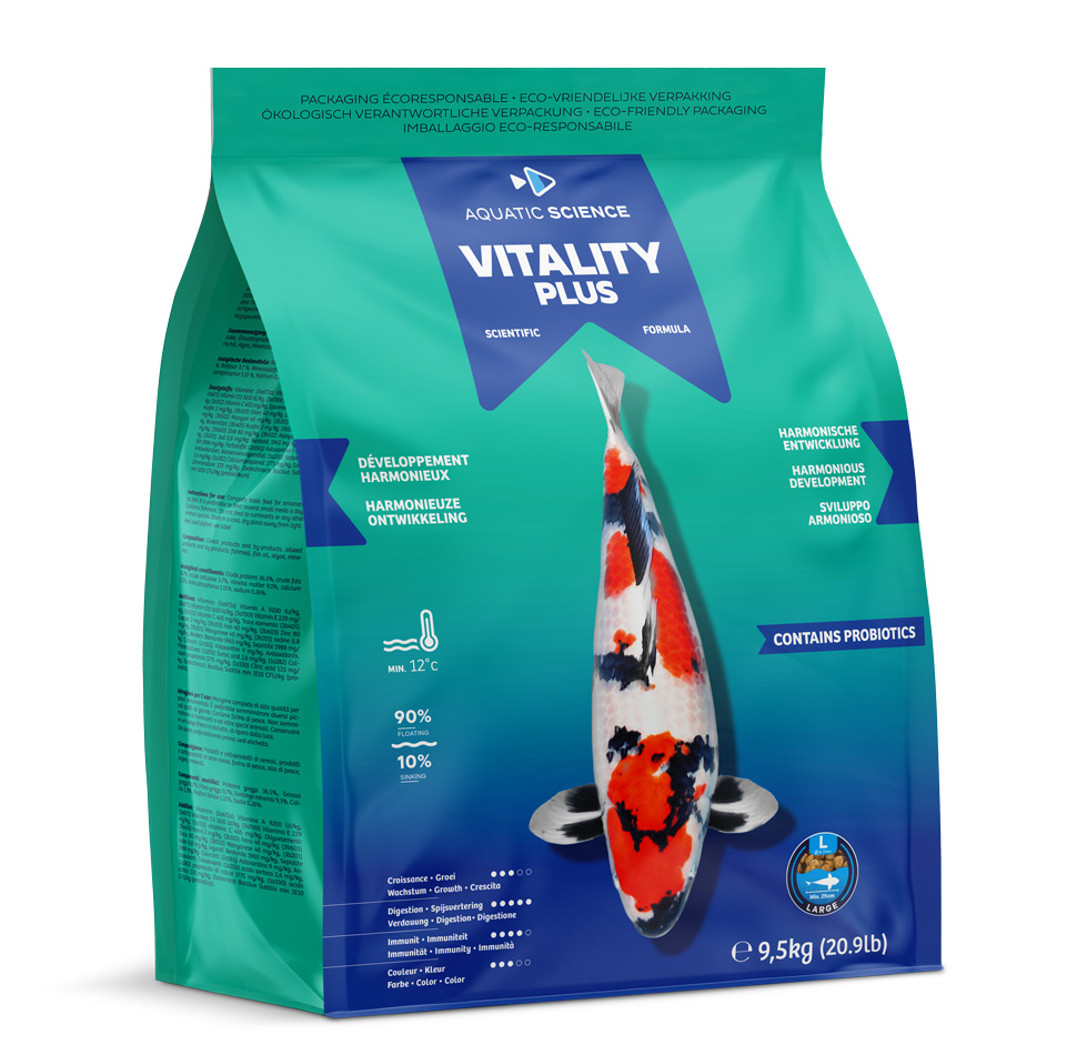 AQUATIC SCIENCE Vitality Plus Large 9,5 Kg nourriture en granulés de 6 à 7 mm pour un développement harmonieux des Koïs dès 25 cm