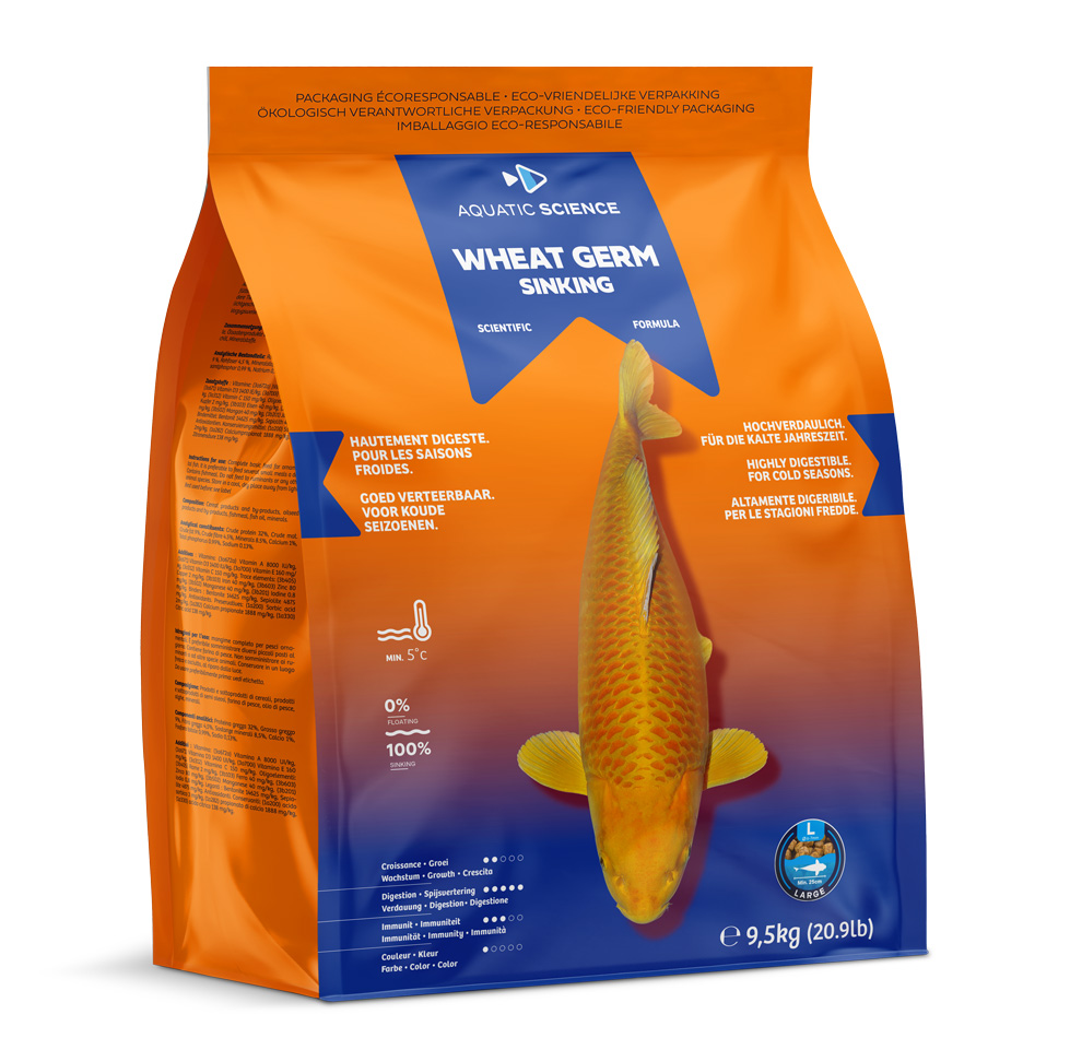 AQUATIC SCIENCE Wheat Germ Sinking Large 9,5 Kg nourriture saisons froides en granulés coulants de 6 à 7 mm pour Koïs dès 25 cm