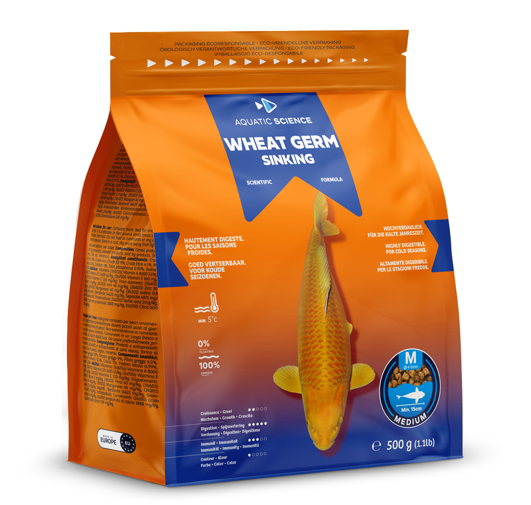 AQUATIC SCIENCE Wheat Germ Sinking Medium 0,5 Kg nourriture saisons froides en granulés coulants de 4 à 5 mm pour Koïs dès 15 cm