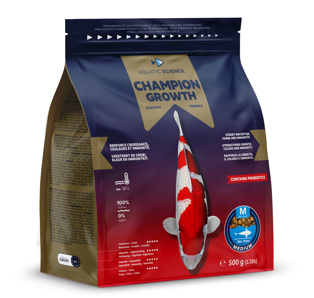 AQUATIC SCIENCE Champion Growth Medium 0,5 Kg granulés 4 à 5 mm renforçants les couleurs et l\'immunité des carpes Koïs dès 15 cm