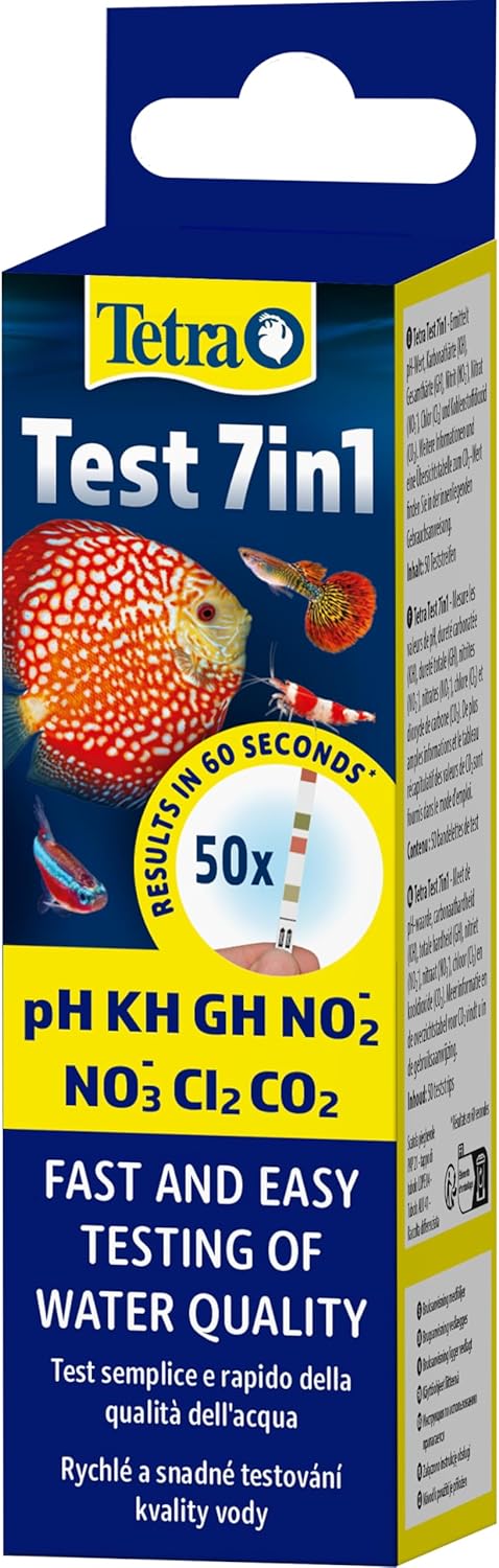 TETRA Test 7in1 lot 50 bandelettes de tests pH, GH, KH, NO2-, NO3-, Cl2, CO2 pour aquarium d\'eau douce