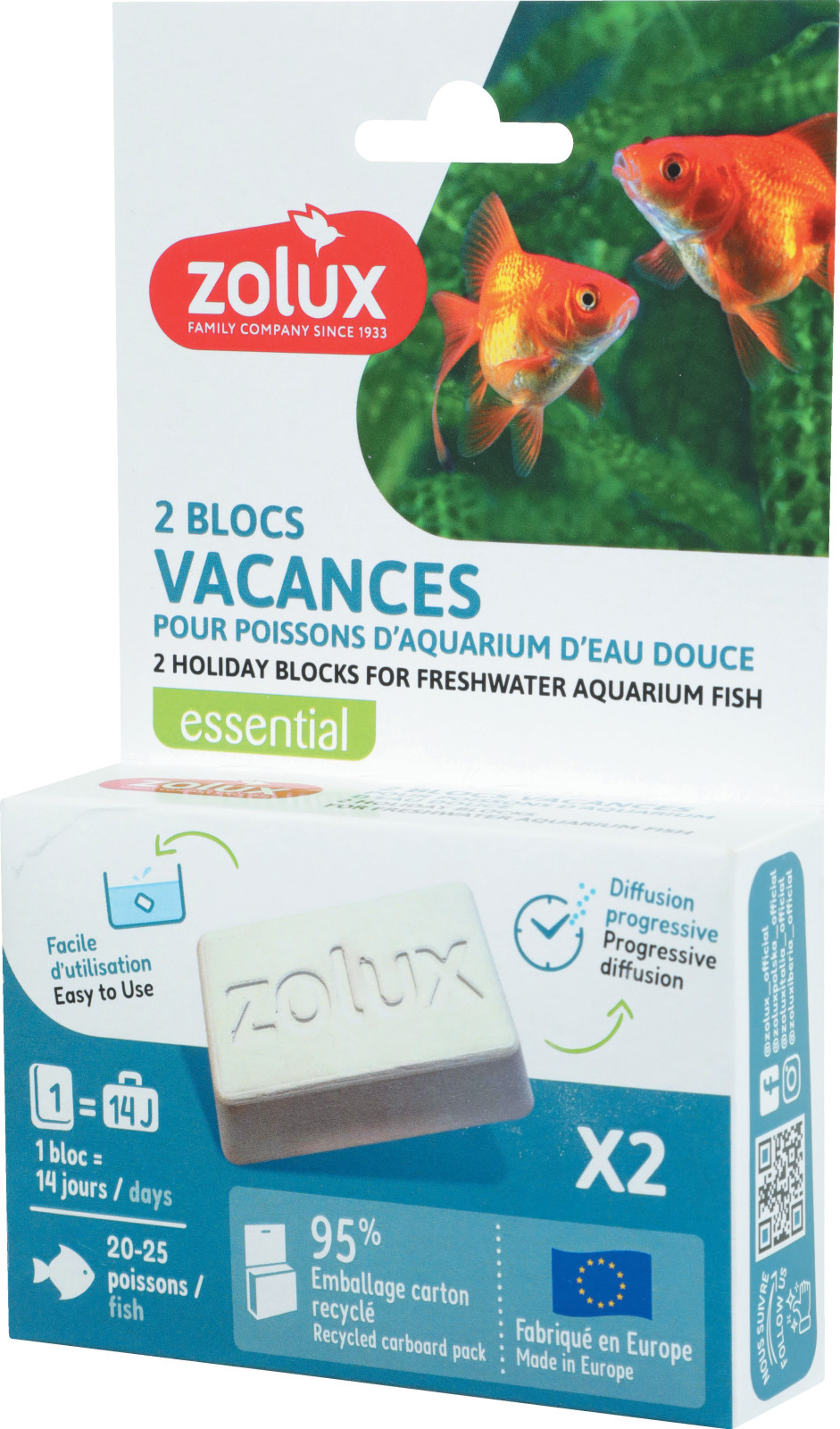 ZOLUX Bloc Vacances x 2 pour nourrir tous les poissons d\'eau douce pendant 14 jours