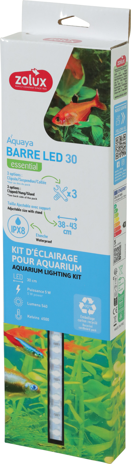 ZOLUX Barre Led 30 cm rampe d\'éclairage LEDs 6500K pour aquarium de 38 à 43 cm