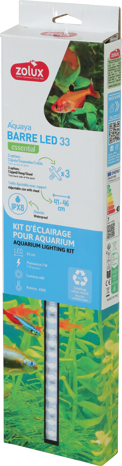 ZOLUX Barre Led 33 cm rampe d\'éclairage LEDs 6500K pour aquarium de 41 à 46 cm