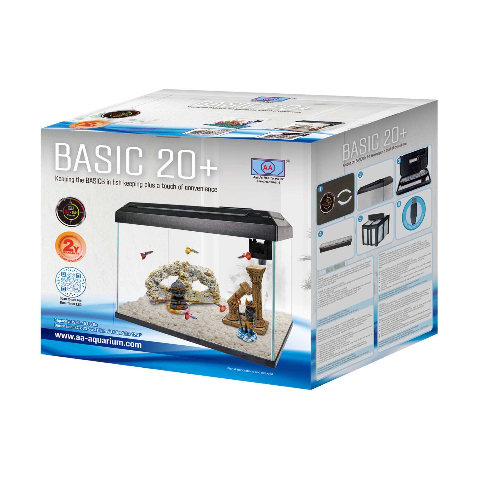AA Basic 20+ Noir aquarium 20 L avec éclairage LEDs et filtration - Dimensions 37 x 23.5 x 33.5 cm