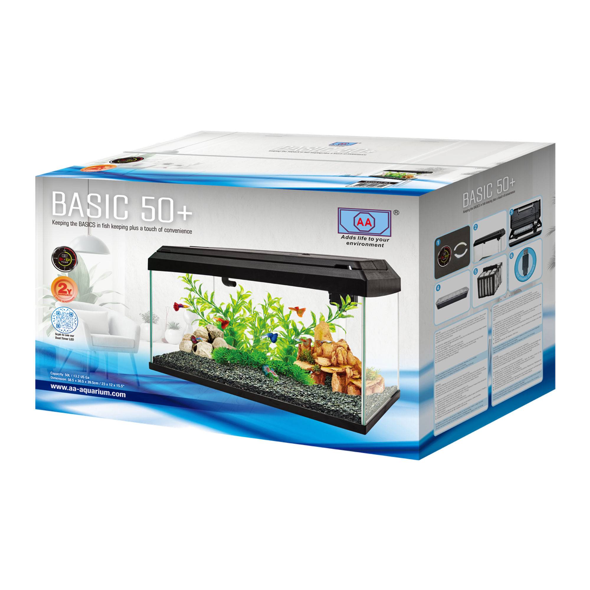 AA Basic 50+ Noir aquarium 50 L avec éclairage LEDs et filtration - Dimensions 58,5 x 30,5 x 39,5 cm