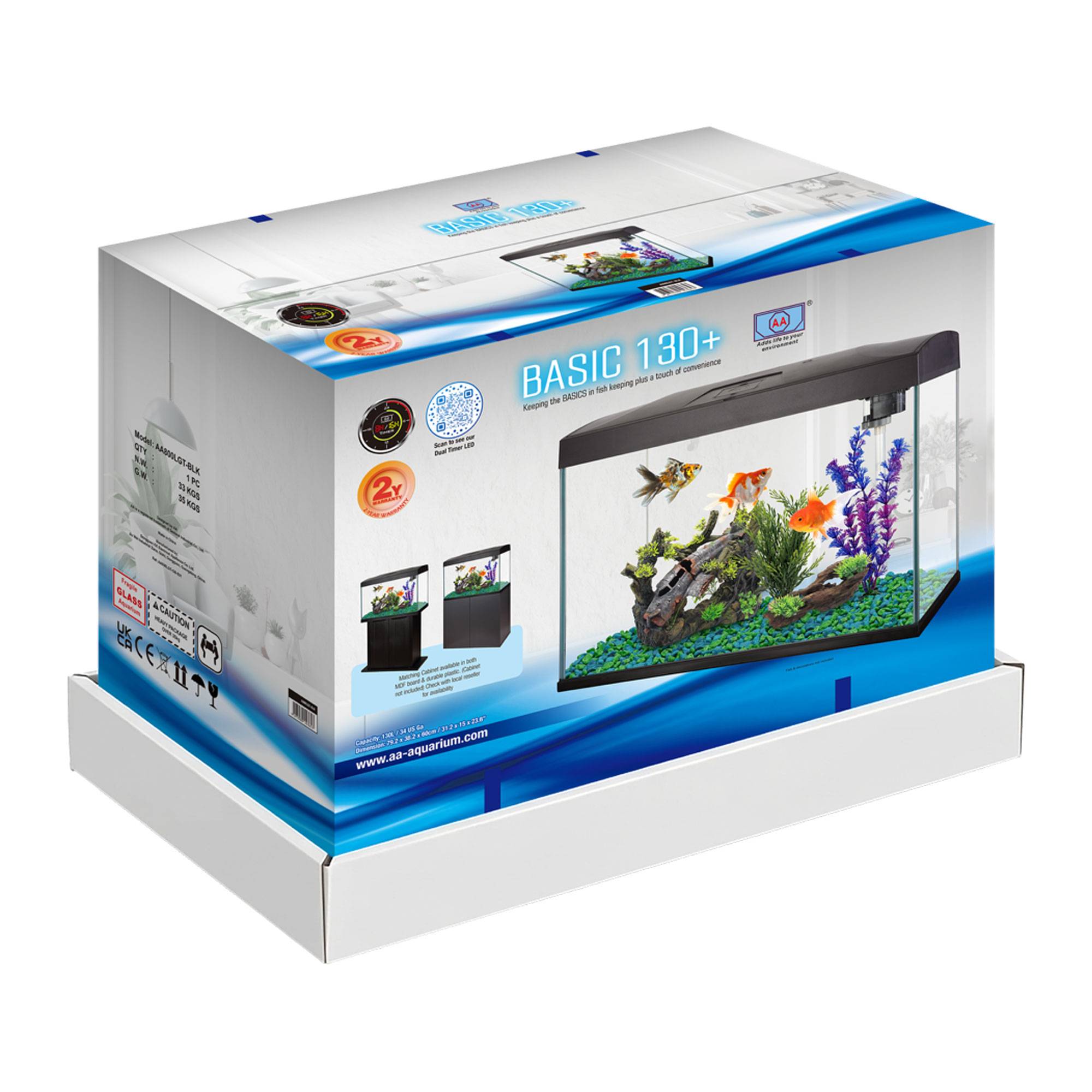 AA Basic 130+ Noir aquarium 130 L avec éclairage LEDs et filtration - Dimensions 79 x 38 x 60 cm