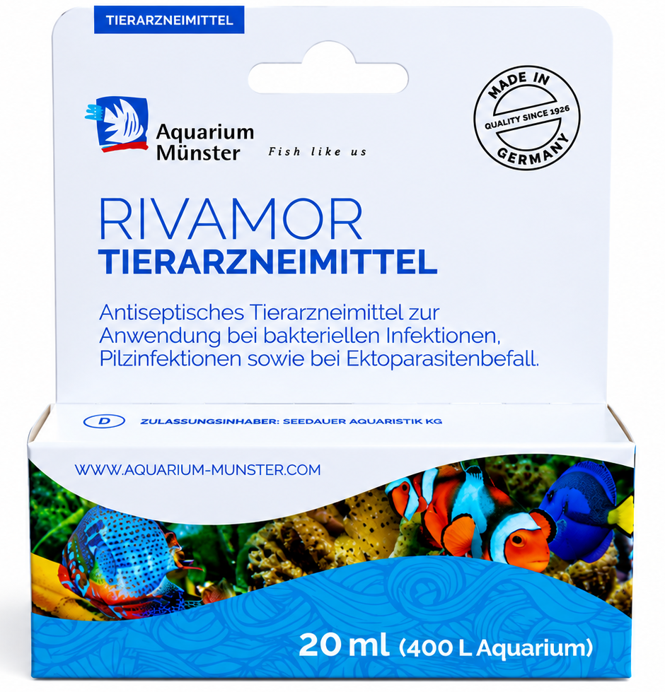 AQUARIUM MUNSTER Rivamor 20 ml antiseptique contre les infections bactériennes, fongiques et infestations d\'ectoparasites pour poissons d\'eau douce et d\'eau de mer