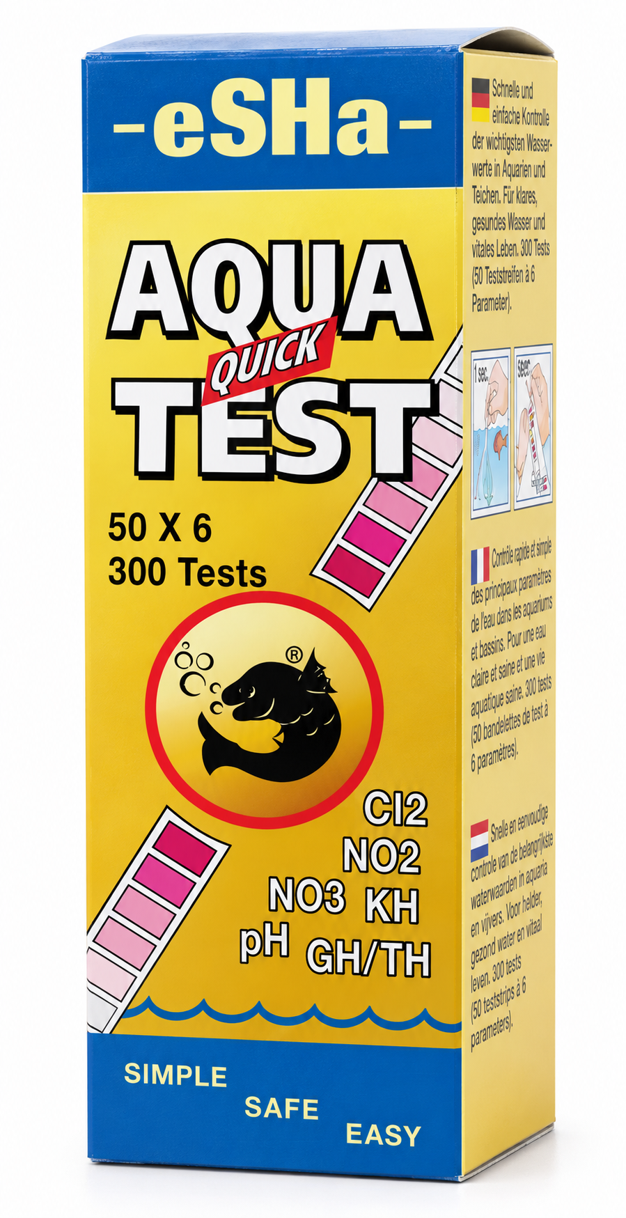 ESHA Aqua Quick Test 50 bandelettes de test pH, GH, KH, NO2, NO3 et Cl2 en aquarium d\'eau douce et bassin