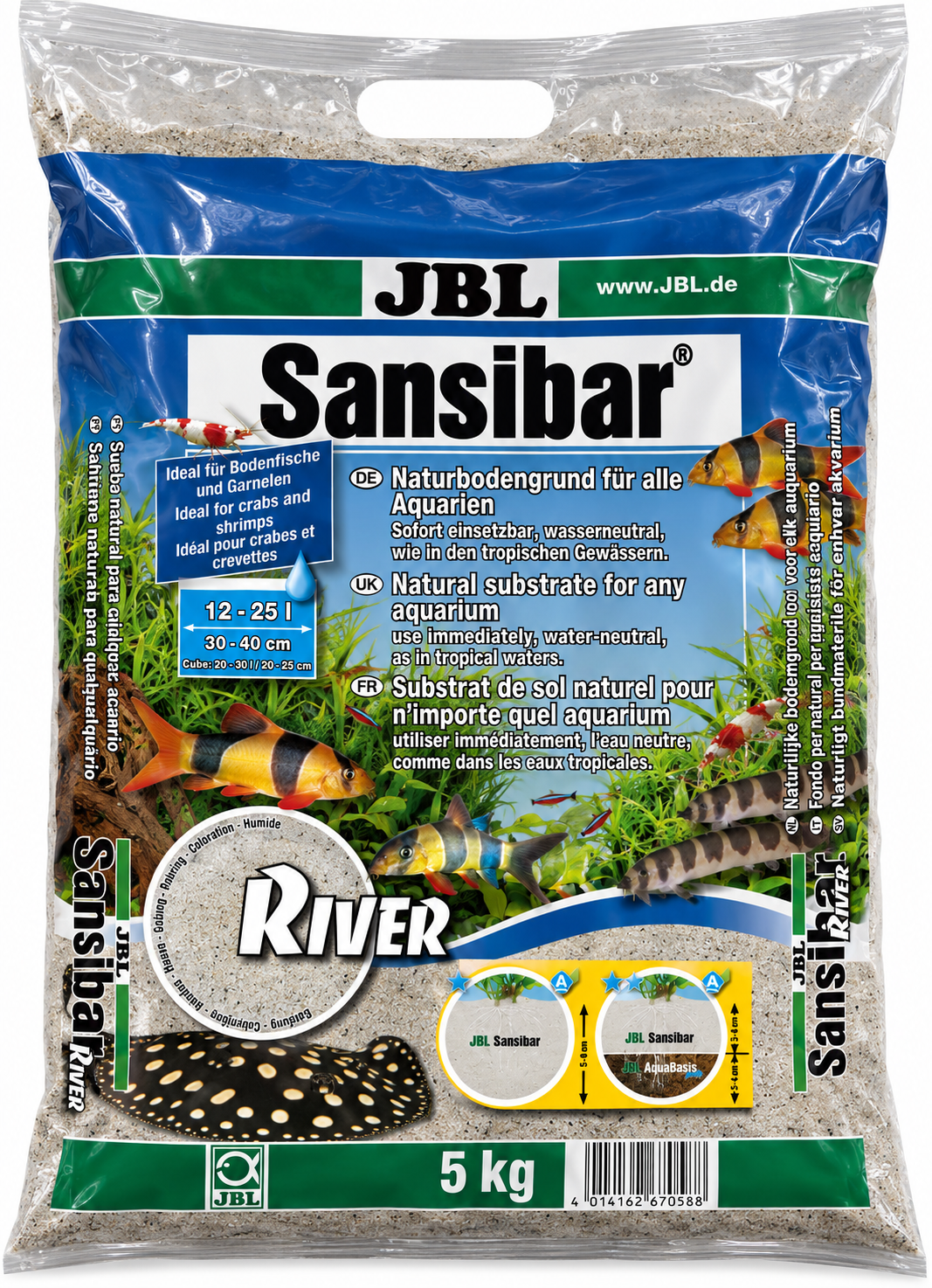 JBL Sansibar River 5 Kg substrat de sol naturel fin Clair pigmenté de Noir 0,8 mm pour aquarium d\'eau douce