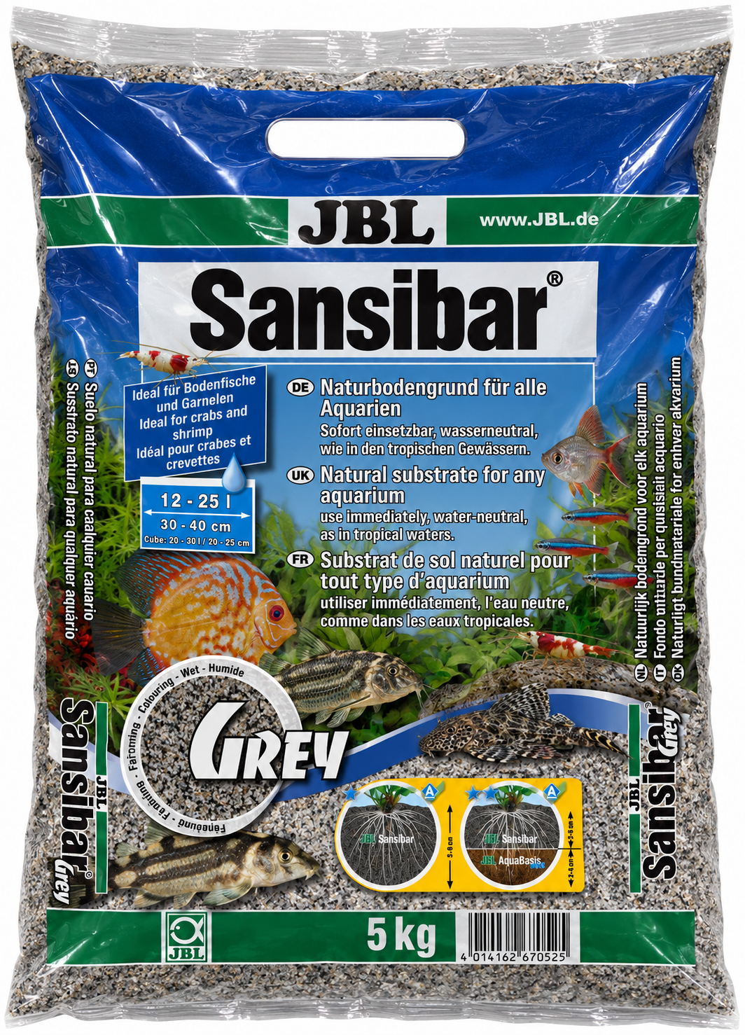 JBL Sansibar Grey 5 Kg substrat de sol naturel fin couleur Gris 0,2 à 0,6 mm pour aquarium d\'eau douce
