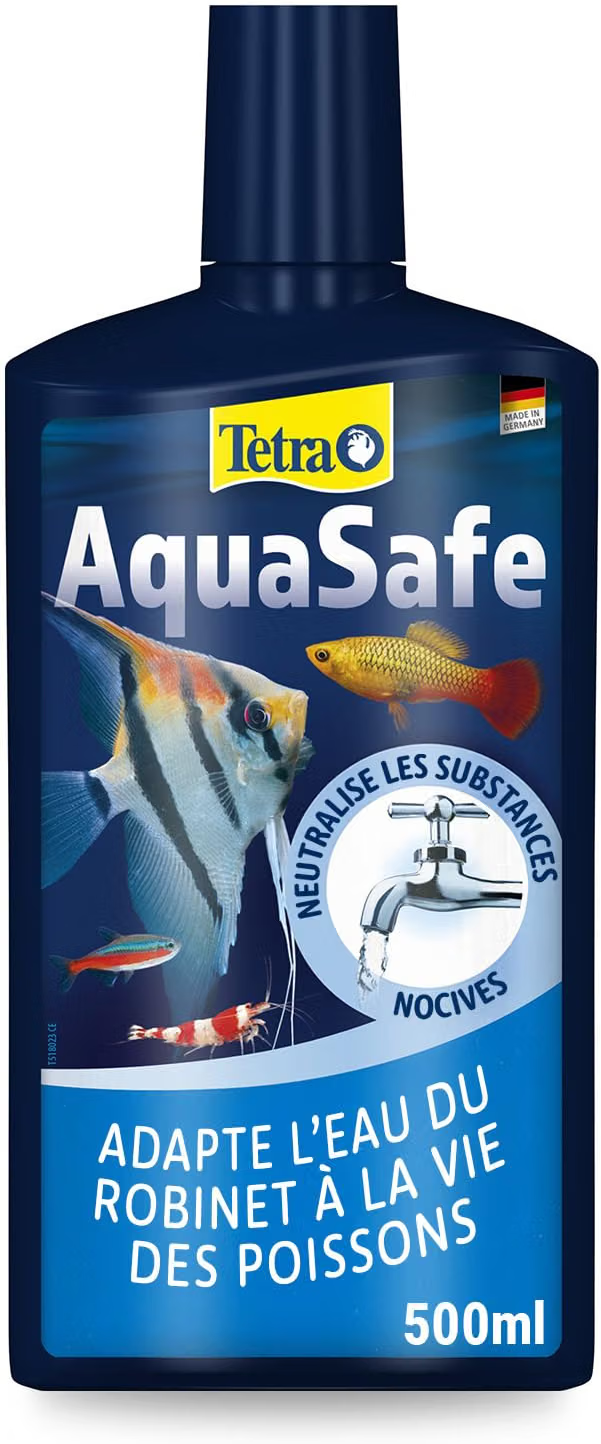TETRA AquaSafe 500 ml conditionne l\'eau du robinet en une eau adaptée aux besoins des poissons. Traite jusqu\'à 1000 L