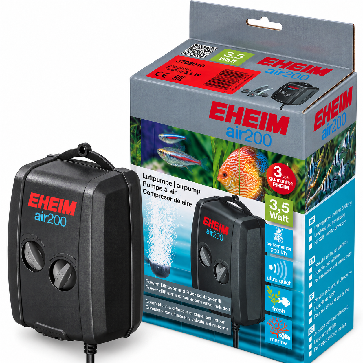 EHEIM Air 200 (3702) pompe à air 200 L/h très silencieuse avec 2 sorties pour aquarium