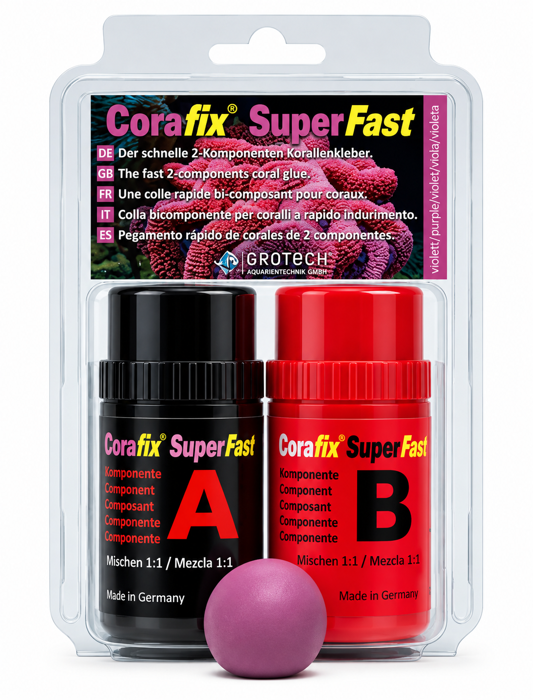 GROTECH CoraFix SuperFast 240 gr. colle epoxy couleur violette à sechage rapide pour le bouturage de corail