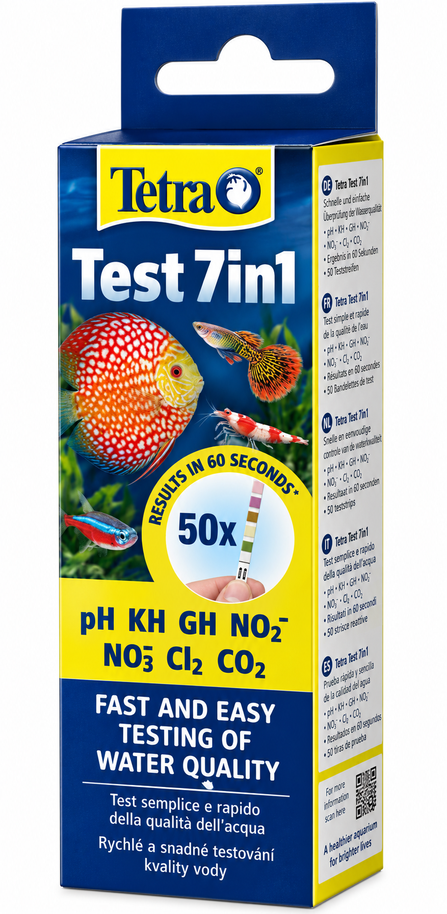 TETRA Test 7in1 lot 50 bandelettes de tests pH, GH, KH, NO2-, NO3-, Cl2, CO2 pour aquarium d\'eau douce