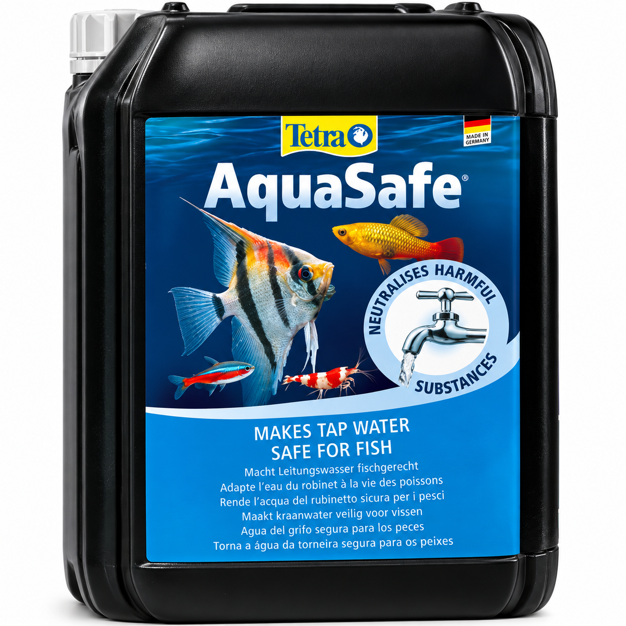 TETRA AquaSafe 5L conditionne l\'eau du robinet en une eau adaptée aux besoins des poissons. Traite jusqu\'à 10000 L