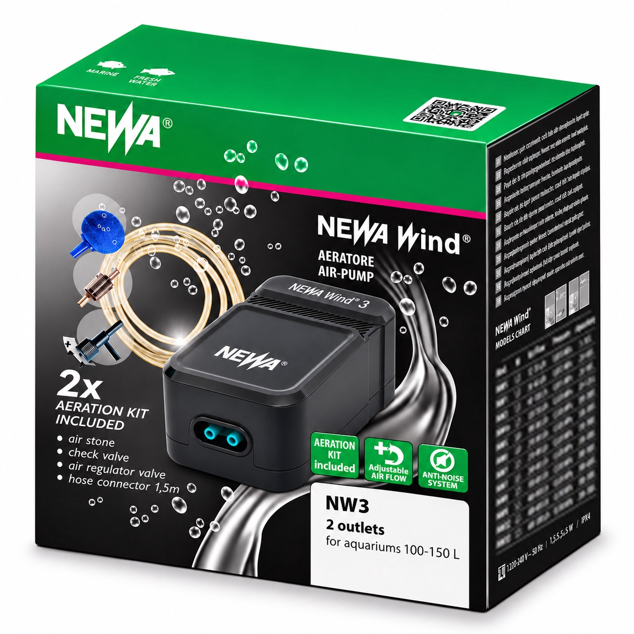 NEWA Wind NW 3 kit pompe à air 2 x 100 L/h avec accessoires pour aquarium de 100 à 160 L