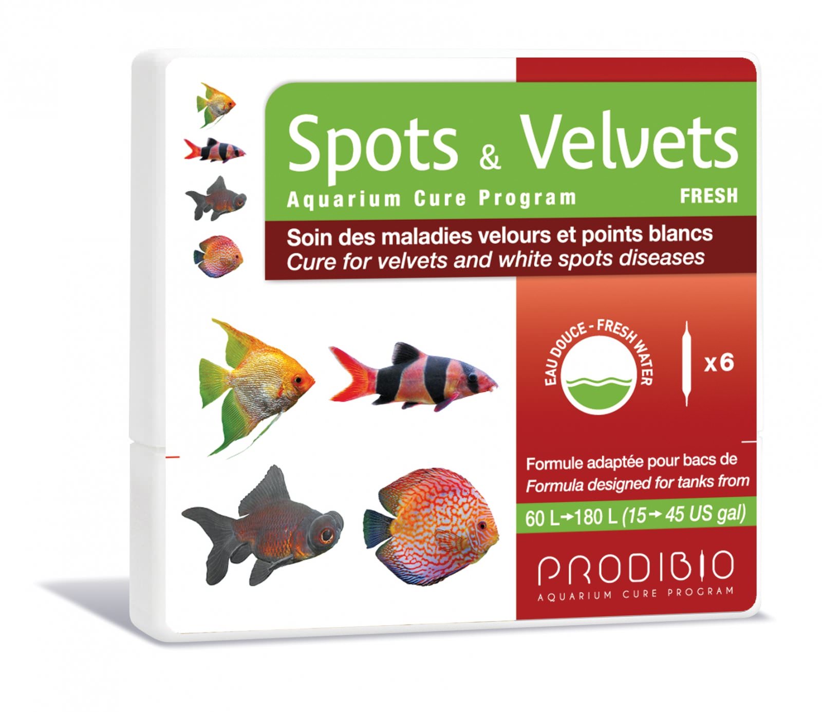 PRODIBIO Spots & Velvets 6 ampoules soins des maladies Velours ou Points Blancs sur les poissons d\'eau douce et d\'eau de mer