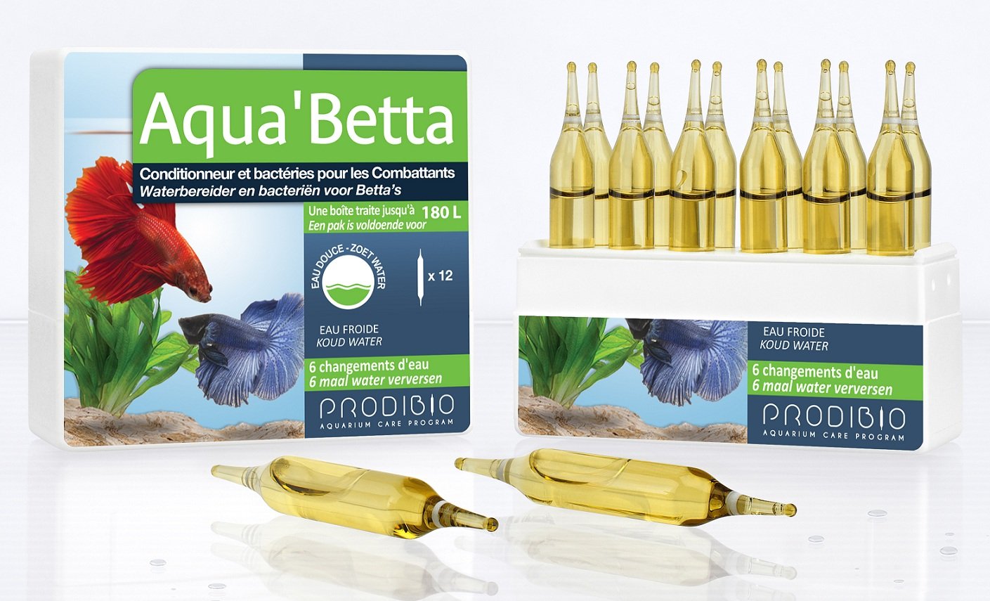 PRODIBIO Aqua’Betta 12 ampoules conditionneur d’eau avec bactéries pour aquarium avec poissons Combattants