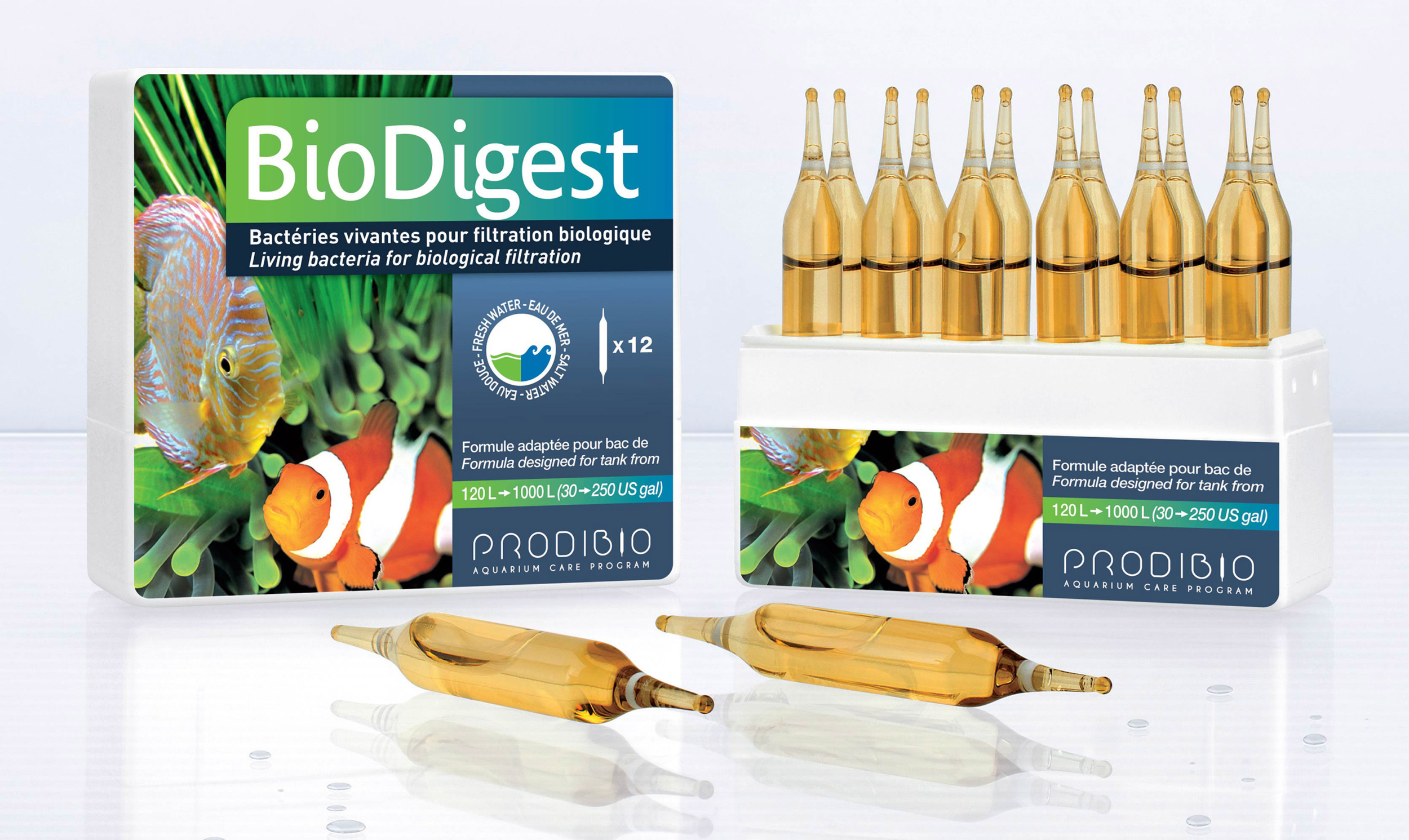 PRODIBIO BioDigest 12 ampoules bactéries dénitrifiantes pour eau douce et eau de mer. Traite jusqu\'à 12000 litres