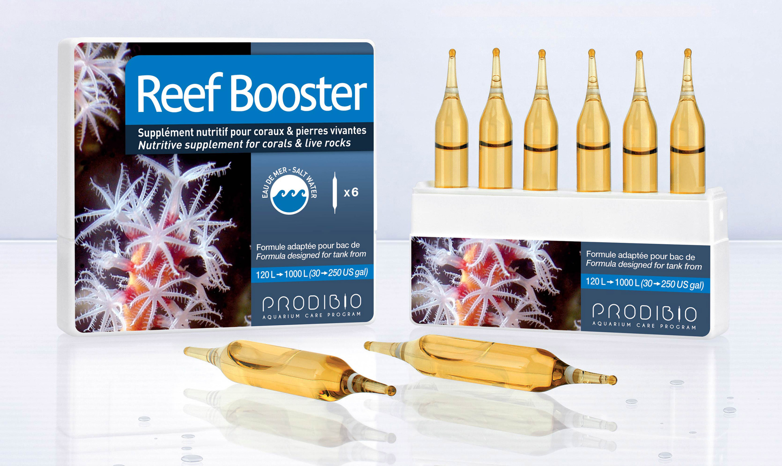 PRODIBIO Reef Booster 6 ampoules apport nutritif complet pour les coraux. Traite jusqu\'à 1200 L